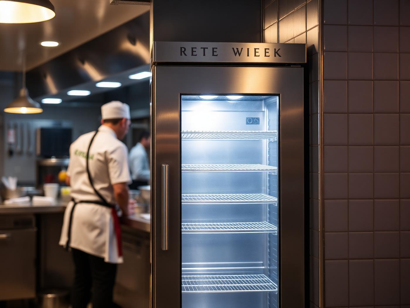 Commercial reach-in cooler in a restaurant kitchen