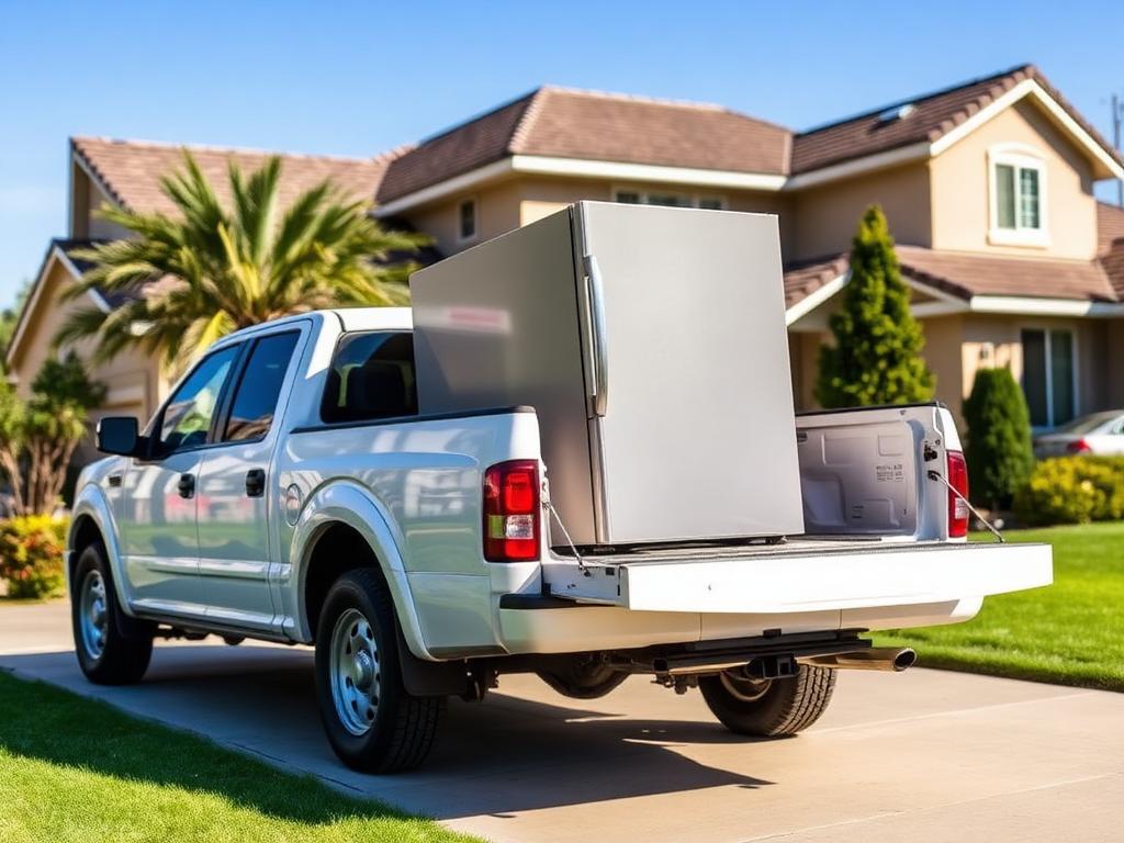 Truck delivering a refrigerator to a home