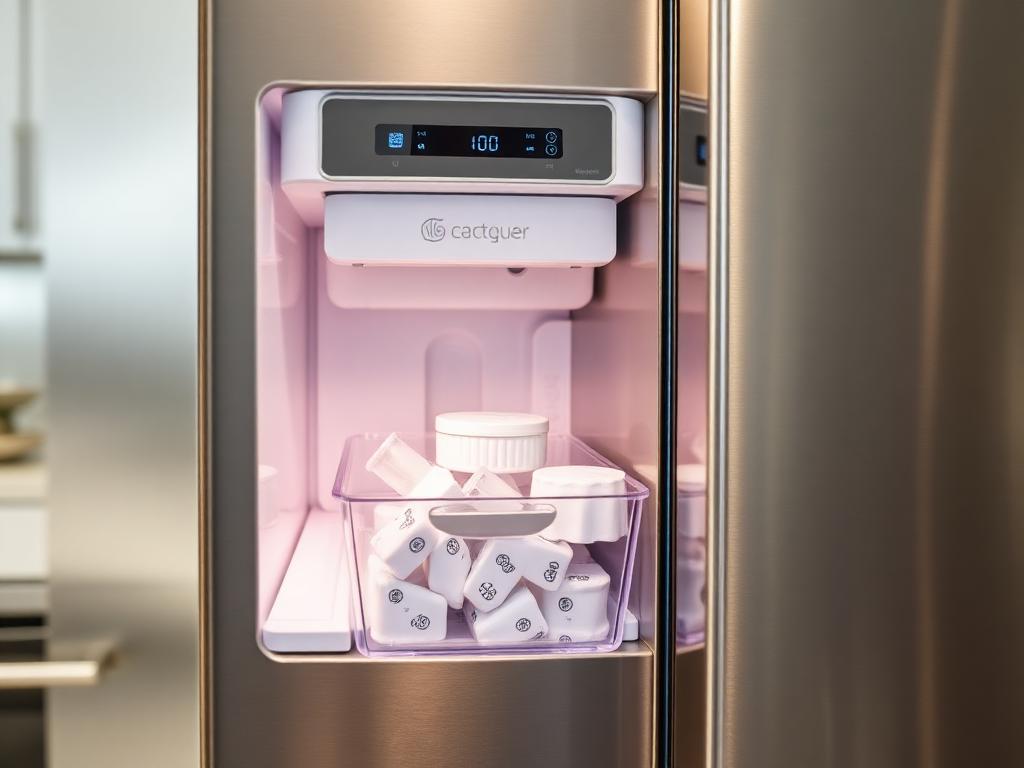Stainless steel refrigerator ice maker with ice cubes