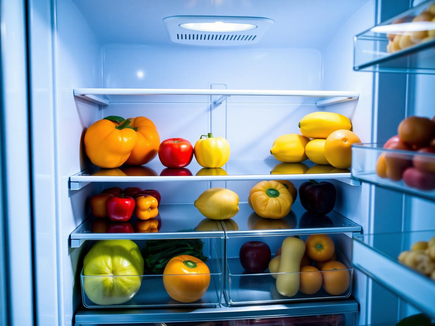 Open refrigerator stocked with fresh produce