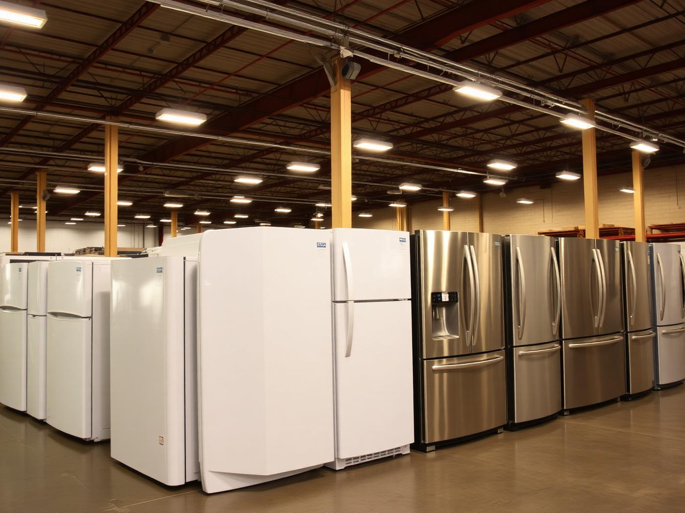 Row of refurbished refrigerators ready for sale